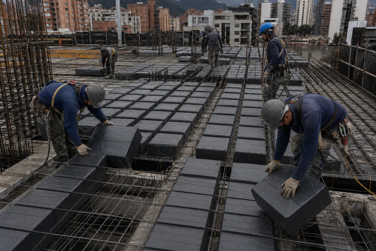 Equipo instalando bloques de Icopor en una losa